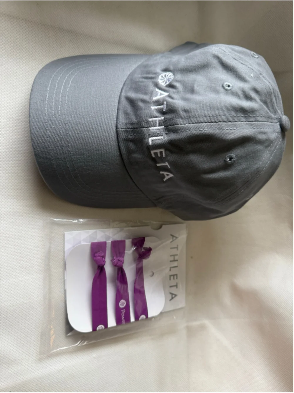 NEW Athleta Gray Logo Cotton Hat and Purple Hair tie Set one size
